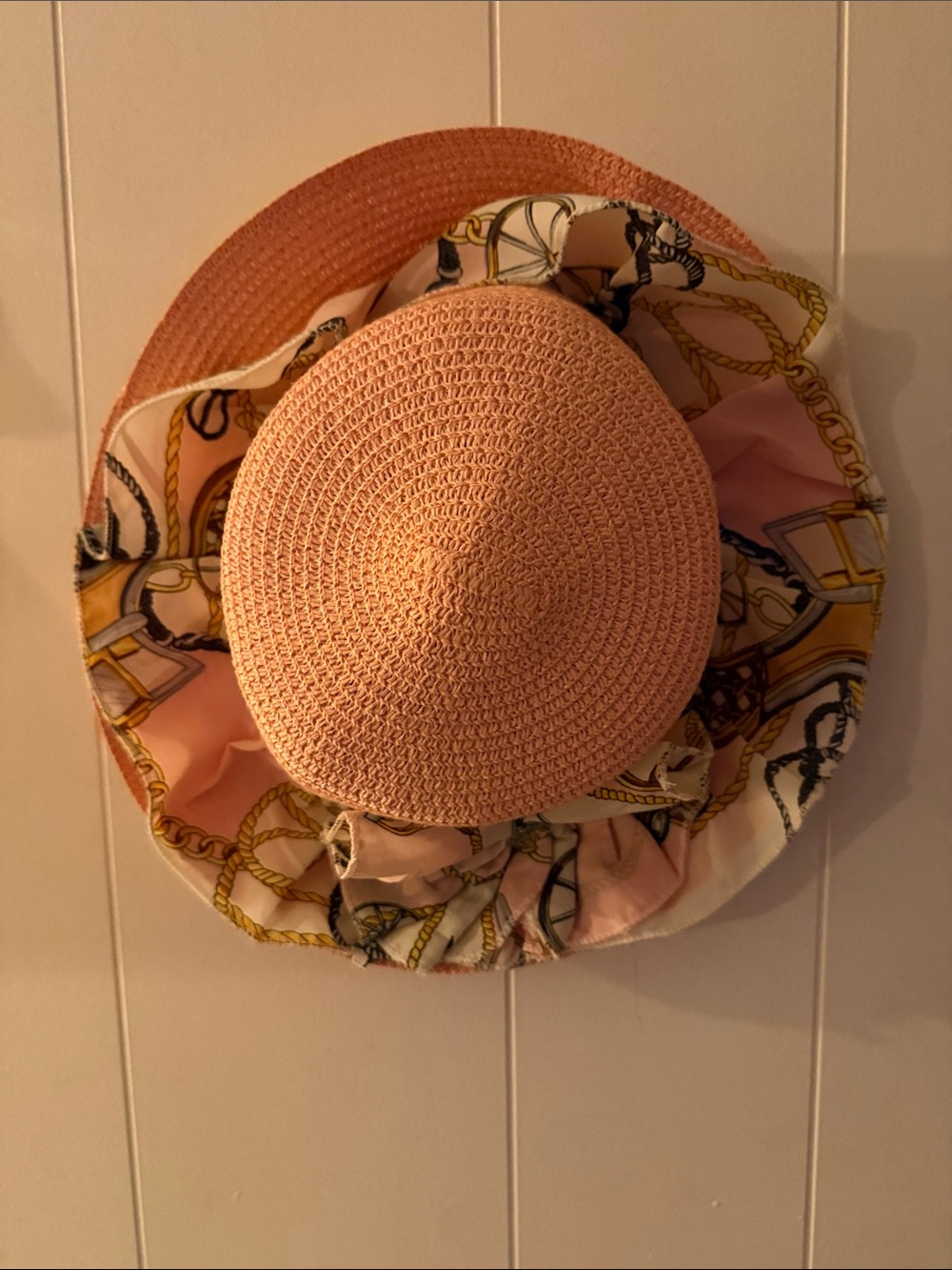 Stylish Pink Straw Sun Hat with Printed Scarf Accent